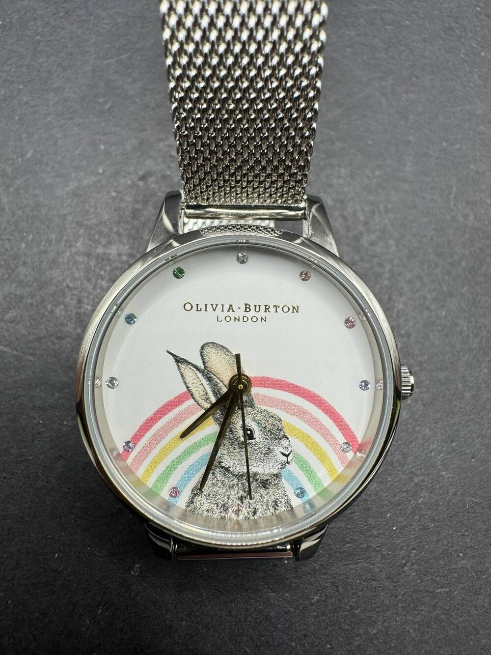 Olivia Burton London Silver Rabbit Rainbow Dial Mesh Strap Women's Wrist Watch